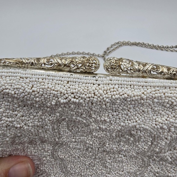 1960s Vtg White Beaded Evening Purse Clutch Hand Bag Accent Hong Kong